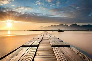 a wooden dock stretches out into the ocean at sunset. AI-Generated photo