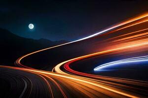 light trails on the road at night. AI-Generated photo