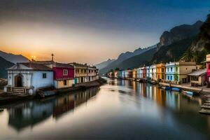 vistoso casas línea el bancos de un río a puesta de sol. generado por ai foto