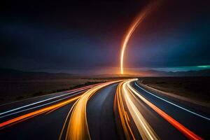 a long exposure photograph of a rocket launching into the sky. AI-Generated photo