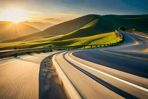 a winding road with the sun setting behind it. AI-Generated photo