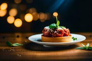 a small plate with a meatball on top of it. AI-Generated photo