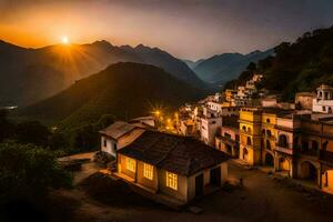 sunset over a village in the mountains. AI-Generated photo
