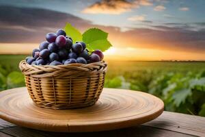 uvas en un cesta en un de madera mesa. generado por ai foto