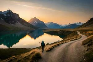 a man walks along a path in the mountains at sunset. AI-Generated photo
