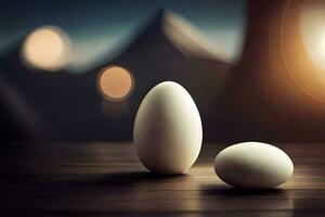 two eggs on a table with a mountain in the background. AI-Generated photo