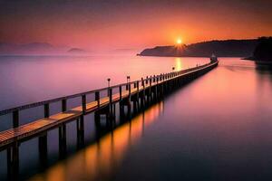 un largo exposición fotografía de un muelle a puesta de sol. generado por ai foto