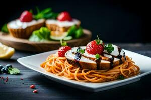 the food is served on a plate with a slice of lemon and a slice of strawberry. AI-Generated photo