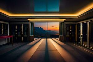 the sun sets over a mountain range in this photo. AI-Generated photo