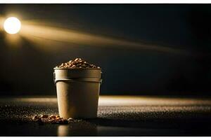 a bucket of peanuts on a table in front of a light. AI-Generated photo