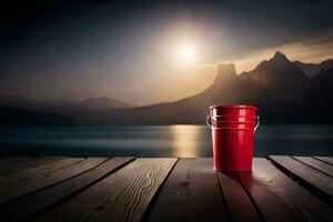 a red bucket on a wooden deck overlooking a lake. AI-Generated photo