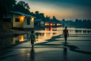 dos Niños caminando a lo largo el río a oscuridad. generado por ai foto