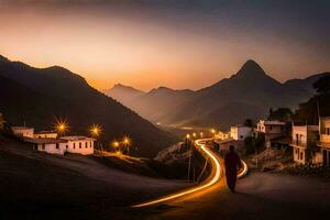 un hombre camina abajo un la carretera en el montañas a puesta de sol. generado por ai foto