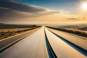 a long road with the sun setting behind it. AI-Generated photo