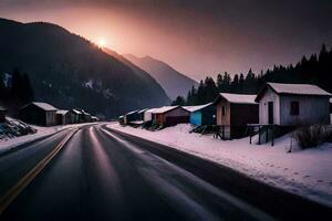 a snowy road with houses on it. AI-Generated photo