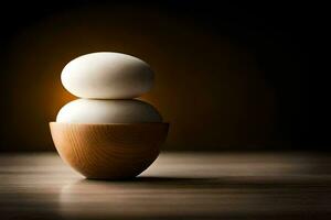 two eggs in a wooden bowl on a table. AI-Generated photo