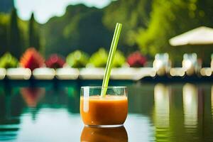 a glass of orange juice with a straw sitting on the edge of a pool. AI-Generated photo