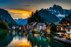 photo wallpaper mountains, the sky, sunset, lake, house, mountains, house, mountains,. AI-Generated