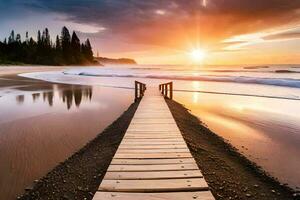 a wooden boardwalk leads to the ocean at sunset. AI-Generated photo