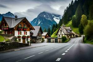 photo wallpaper the sky, mountains, road, houses, trees, mountains, road, houses,. AI-Generated