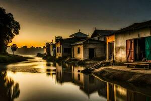 un río en el pueblo a puesta de sol. generado por ai foto