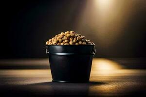 a bucket filled with beans on a table. AI-Generated photo