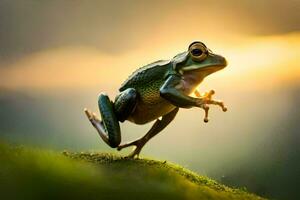 a frog jumping on top of a grassy hill. AI-Generated photo