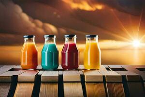 Tres botellas de jugo en un de madera mesa con puesta de sol en el antecedentes. generado por ai foto