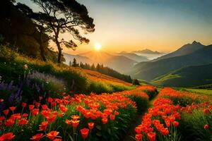 the sun is setting over a field of flowers. AI-Generated photo