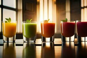 five different colored juices in glasses on a table. AI-Generated photo