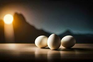 three eggs on a table with a mountain in the background. AI-Generated photo