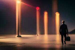 un hombre en un traje camina mediante un ciudad a noche. generado por ai foto