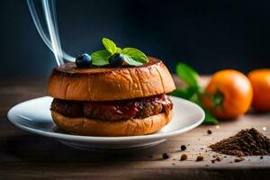 a hamburger with blueberry sauce on a plate. AI-Generated photo