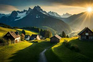 the sun shines over a mountain village in the alps. AI-Generated photo