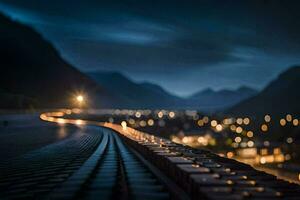 un largo tren pista con luces en eso a noche. generado por ai foto