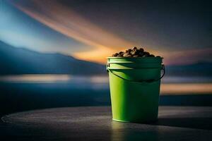 a bucket of food on a table in front of a lake. AI-Generated photo