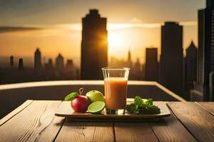 jugo y manzana jugo en un de madera mesa en frente de un paisaje urbano generado por ai foto