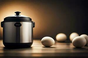 an electric pressure cooker with eggs on a table. AI-Generated photo