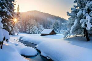 a snowy forest with a stream and a cabin. AI-Generated photo