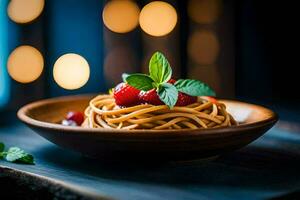 spaghetti with cherry and mint leaves in a wooden bowl. AI-Generated photo