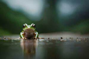 un rana sentado en el suelo en el lluvia. generado por ai foto