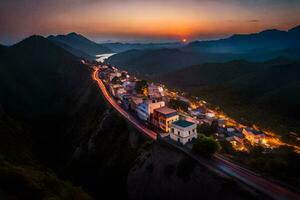 el puesta de sol terminado un pueblo en el montañas. generado por ai foto