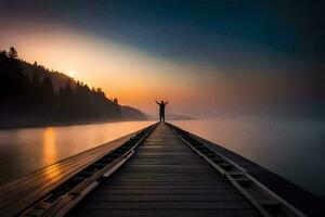 a man standing on a dock with his arms outstretched at sunset. AI-Generated photo