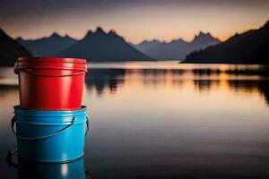 two buckets sit on the edge of a lake at sunset. AI-Generated photo