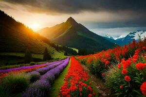 the sun rises over a field of flowers and mountains. AI-Generated photo