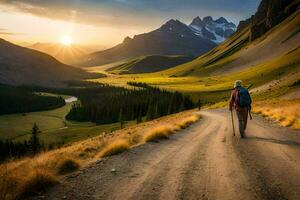 un persona caminando abajo un suciedad la carretera en el montañas. generado por ai foto