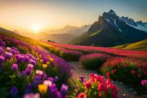 the sun rises over a field of flowers in the mountains. AI-Generated photo