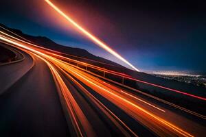 un largo exposición fotografía de un autopista a noche. generado por ai foto