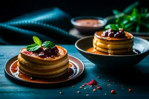 pancakes with cranberry sauce and fresh herbs on a dark table. AI-Generated photo