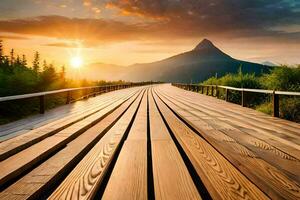 un de madera puente terminado un montaña a puesta de sol. generado por ai foto